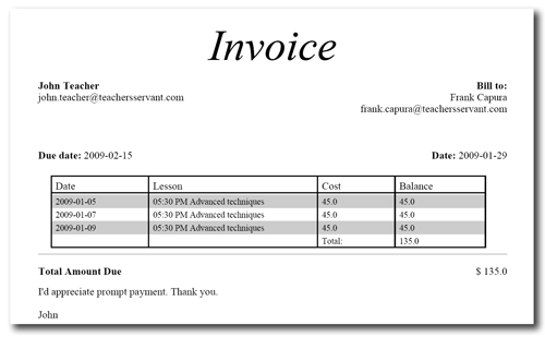 Tutor Calendar - Student Invoice