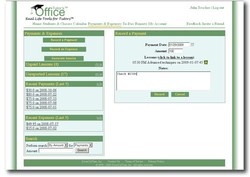 Tutor Office - Manange Lesson Payments